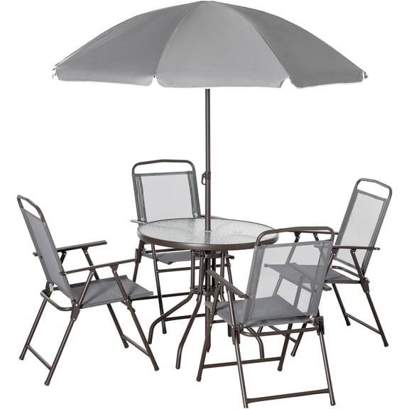 JERFIT 4-Person Outdoor Patio Dining Set with Umbrella, Gray Steel Folding Chairs & Tempered Glass Table for Garden, Backyard, Poolside