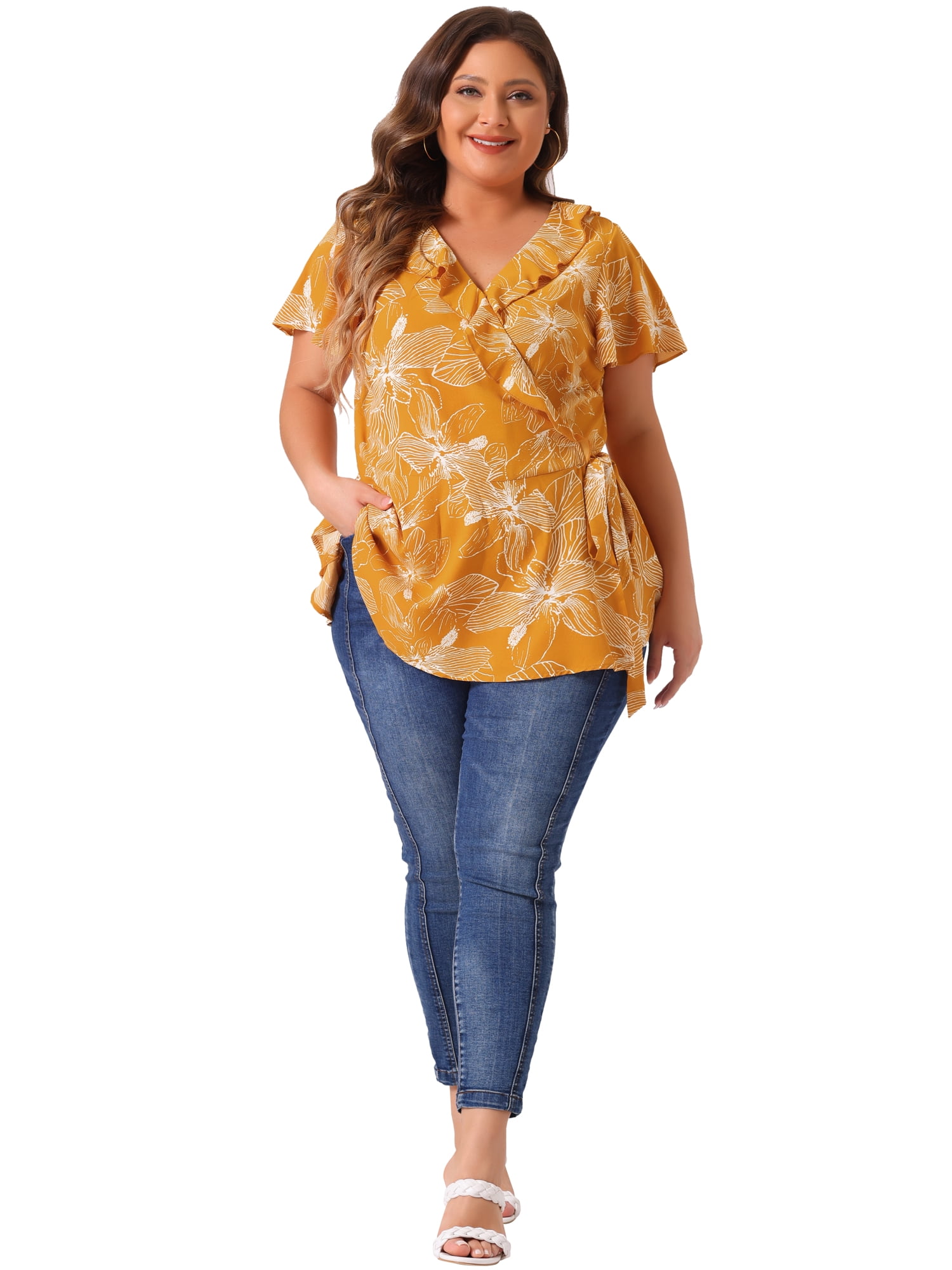 DARING DIVA Women's Plus Wrap V Neck Tie Waist Ruffle Sleeve Blouse 2X Yellow