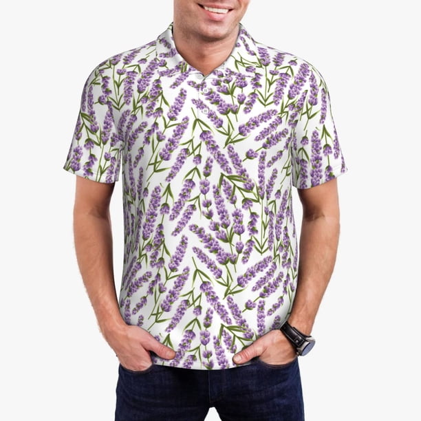 Balery Lavender Flowers Camisa Polo de Hombre con Estampado, de Manga Corta y Tejido Medio, Camisa Tipo Golf Polo-Medium