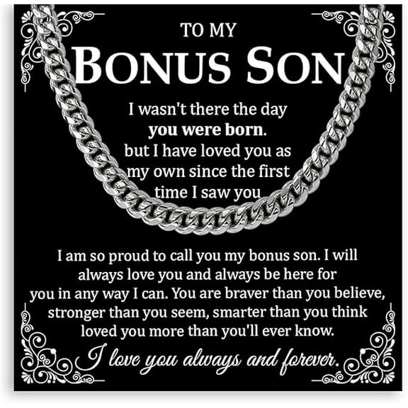 Wedding Gift for Bonus Son with Message Card and Gift Box, Bonus Son Necklace Gift on His Birthday, Cuban Link Chain for Stepson from Stepdad, Chain Necklace for Bonus Son