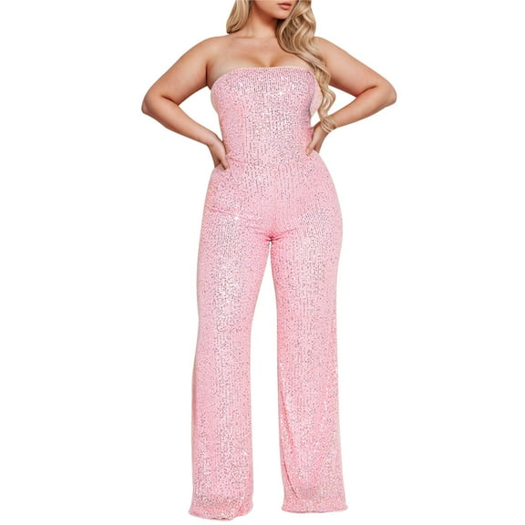 ZACPNCV Jumpsuits for Women's New Solid Color Fashion Strapless Suspender Off Shoulder Sequin Slim Long Jumpsuit Pink