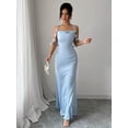thumbnail image 5 of Blue Womens Elegant Satin Maxi Dress With Floral Strap Accents Sleeveless Sweetheart Neck, 5 of 8