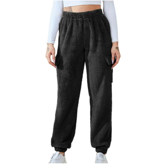 Dxzfnsa Women's Fleece Sweatpants Winter Thermal Sherpa Pants with Pockets High Waisted Elastic Trousers Warm Lounge Casual Solid Color Sweatpants
