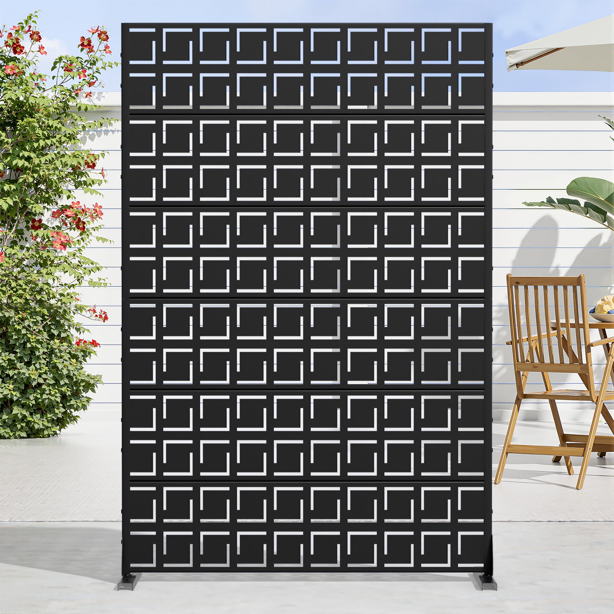 MAYEERTY 72 × 47in Outdoor Privacy Screen with Stand Metal Balcony Decorative Screen, Black