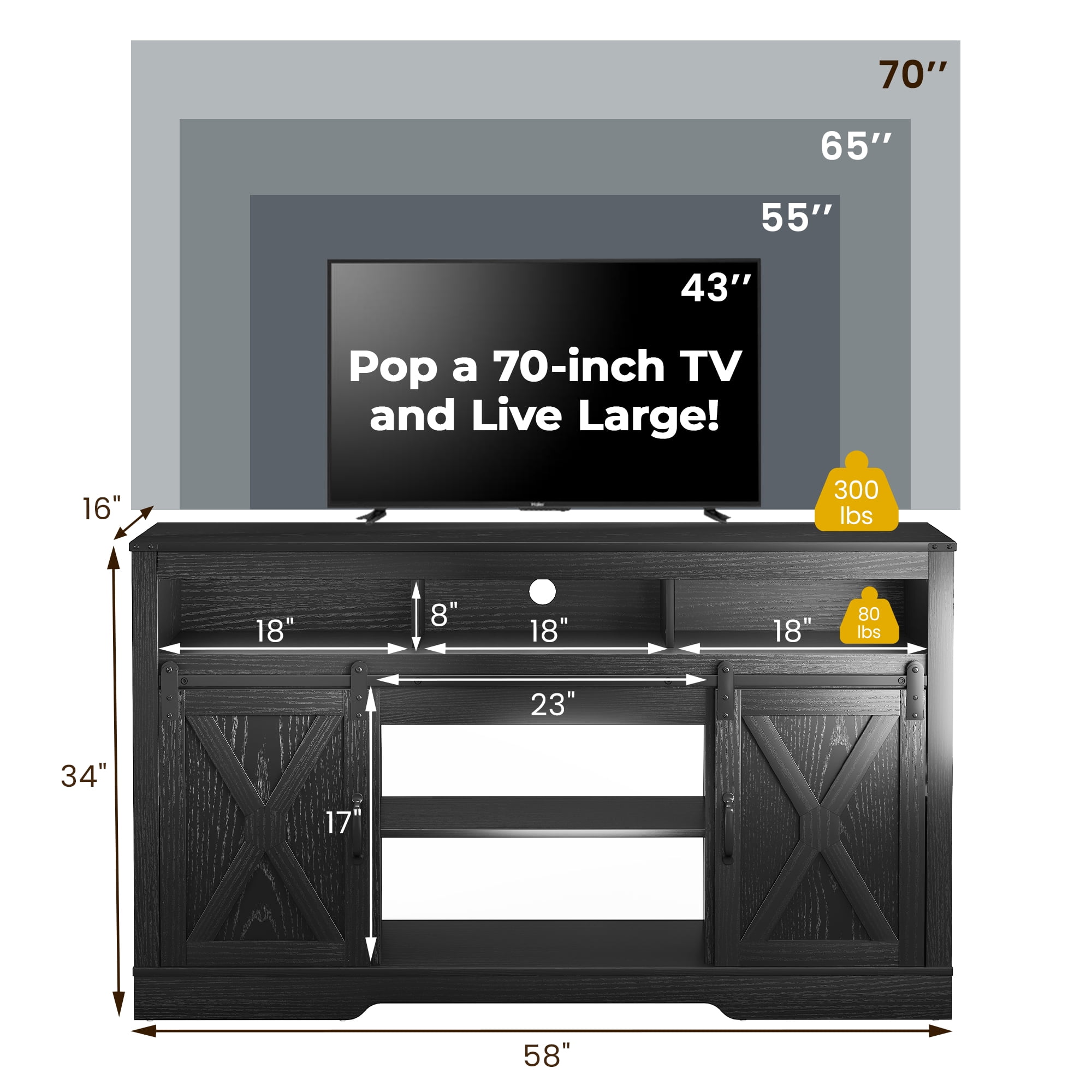 May in Color 34'' Tall TV Stand for 65"+ Inch TV, Farmhouse TV Console for 23" Fireplace, with Sliding Bar Door, Rustic Entertainment Center for Living Room, Bedroom (Black)