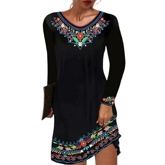 QELUSQELUS Women Sundress Long Sleeve Round Neck Ethnic Floral Vacation Mini Dress
