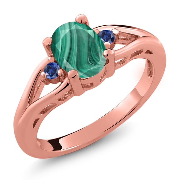 Gem Stone King 18K Rose Gold Plated Silver Green Malachite and Blue Created Sapphire 3 Stone Engagement Ring for Women | 2.09 Cttw | Oval 8X6MM | Round 2MM | Gemstone Birthstone | Size 7