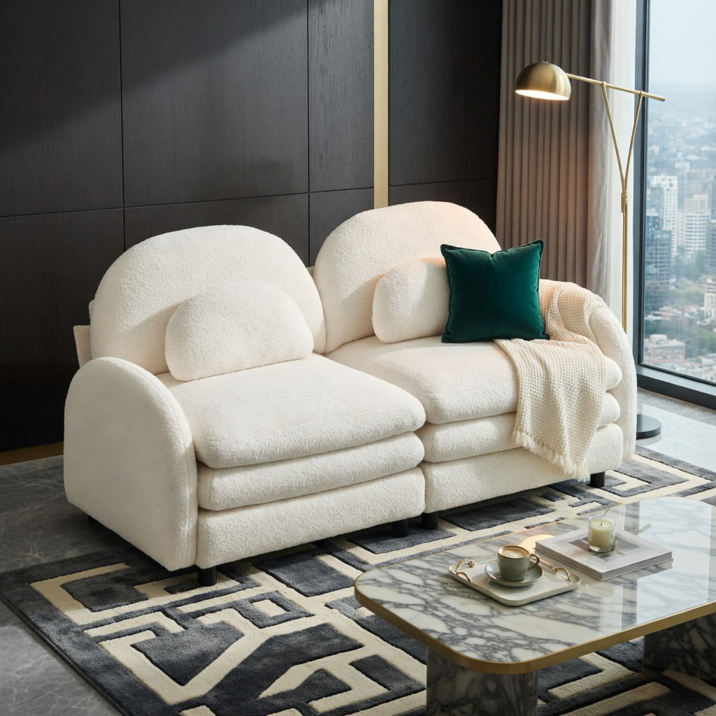 Hommoo Teddy Fleece Modular Loveseat Sofa, 2-Seater Cloud-Like Comfort Couch with Curved Backrest, Lumbar Pillows & Double-Layer Cushions, Beige