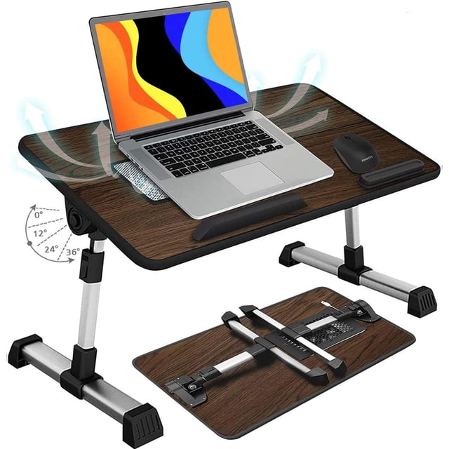 Grand Bureau de Lit pour Ordinateur Portable, Table de Lit Réglable avec Ventilateur de Refroidissement USB, Hauteur et Angle Réglables pour le Travail, Marron (23.6 Po X 12.9 Po)