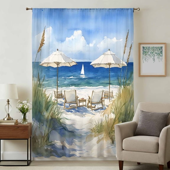 Coastal Nautical Wave Sheer Curtains 72 Inches Long, Ocean Oil Painting Beach Plant Light Filering Curtains, Breathable Simi Curtain Privacy Drapes for Living Room Bedroom Window Treatment