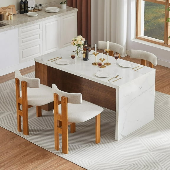 61"*31" Wood Tabletop Dining Table for 4 with LED Lights,Power Outlet & Storage Space, Modern Imitation Marble Kitchen Island for Dining Room