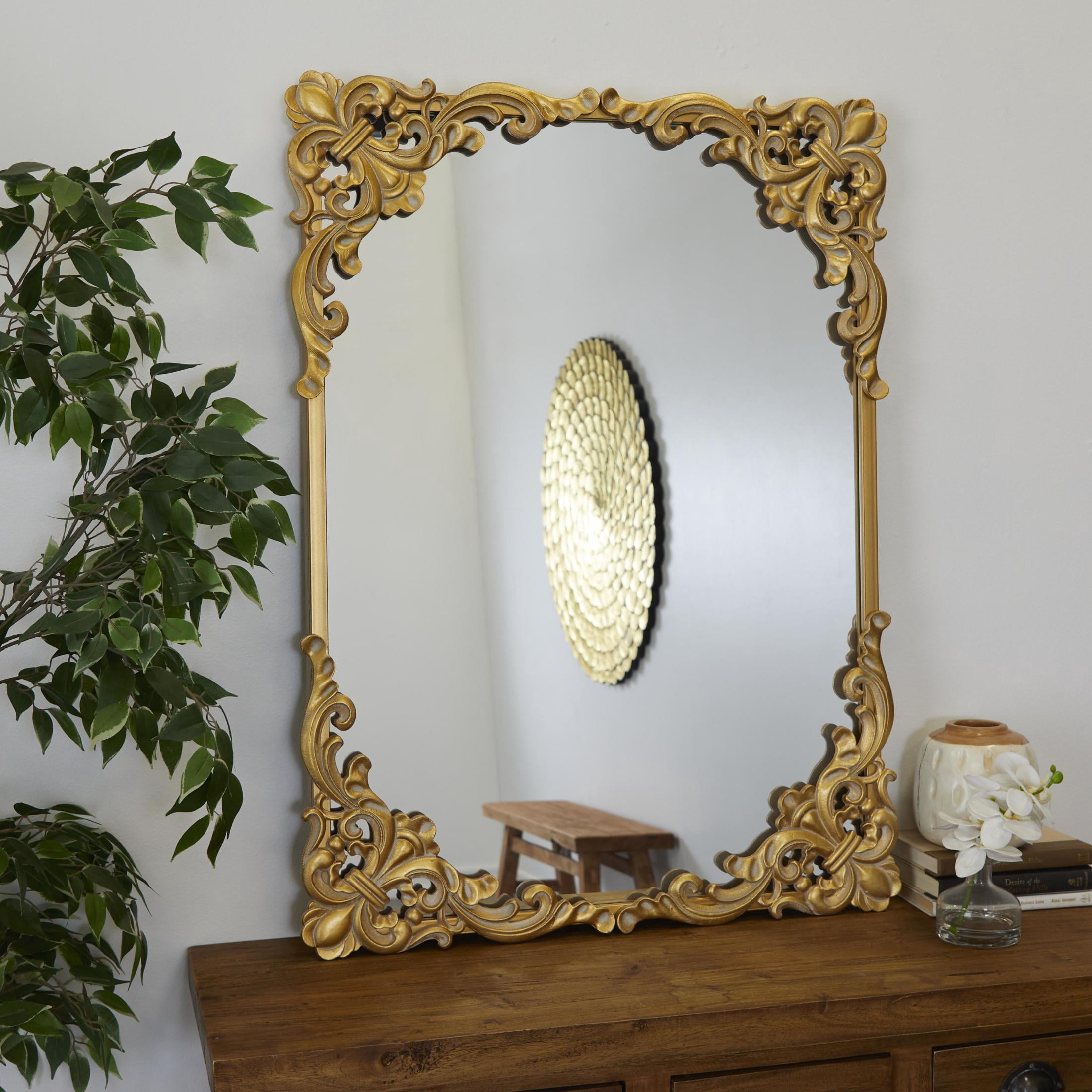 DecMode 30" x 41" Gold Ornate Baroque Floral Wall Mirror with Distressed Details