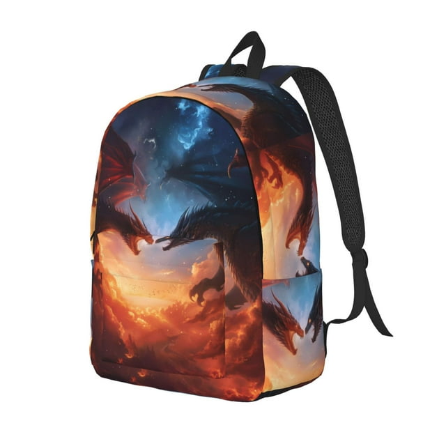 Adobk Red And Blue Fire Cloud Dragon Print Canvas Backpack, Adjustable Shoulder Straps Large Capacity Stylish Design for School, Travel, Office-Medium