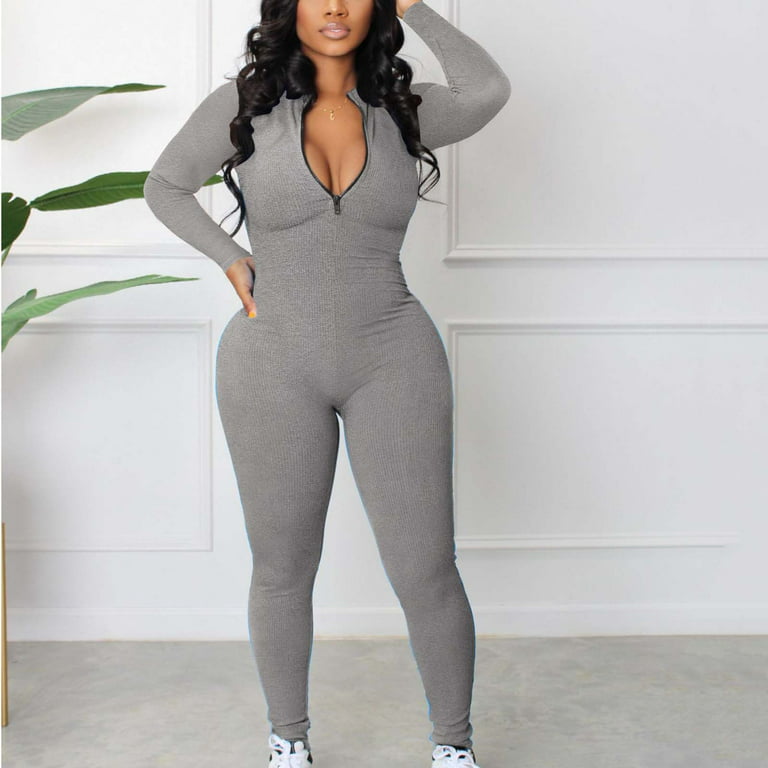 Sexy Jumpsuits for Women Long Sleeve V Neck Zipper Casual One Piece Ribbed  Rompers Bodysuits Outfits for Workout