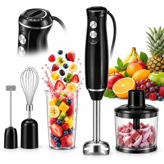 Ibiwe 500W 4-in-1 Immersion Blender with Chopper, Whisk and Measuring Beaker, Black