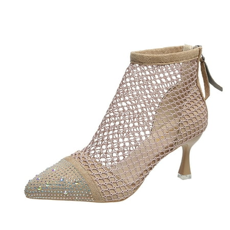 

ASEIDFNSA Sandals Women Womens Heeled Boots Ladies Fashion Breathable Mesh Back Zipper Short Boots Rhinestone Pointed High Heel Cool Boots