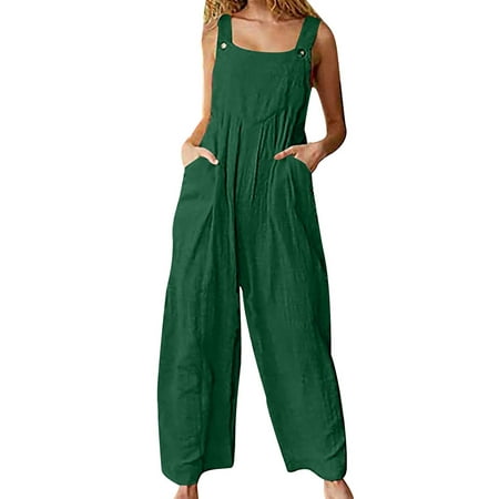 

xkwyshop Womens Plus Size Jumpsuits Casual Sleeveless Suspender Boho Rompers Wide Leg Pants with Two Pockets Dark green XL