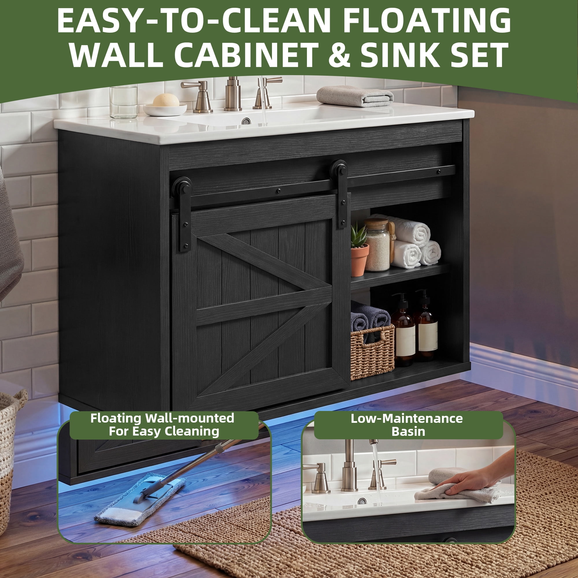 Uforic 24 Inch Farmhouse Floating Bathroom Vanity with Ceramic Sink, 7-Color LED Ambient Light & Sliding Barn Door for Small Compact Bathroom Spaces, Black
