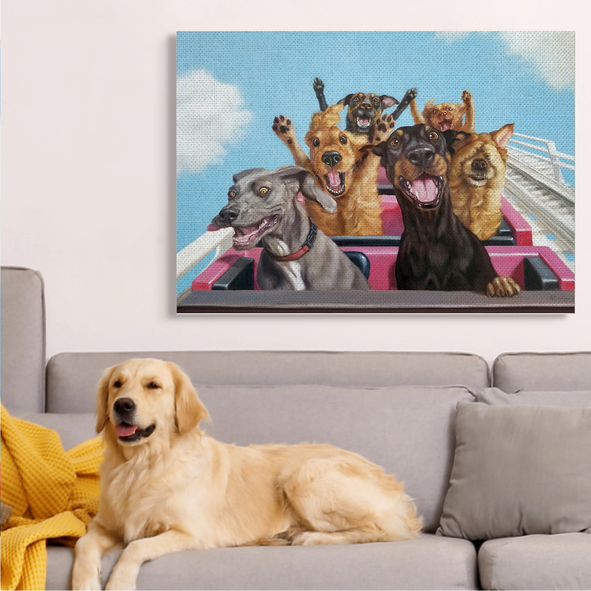 Stupell Industries Dogs Riding Roller Coaster Funny Amusement Park Animals & Insects Painting Gallery Wrapped Canvas Art Print Wall Art, 36 x 48