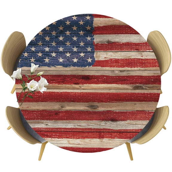 Retro American Flag Table Cloth, Round Fitted Tablecloths with Elastic Edge, Vintage USA Flag Red Blue Wooden Wipeable Waterproof Table Cover for Kitchen Wedding 55-60 Inches