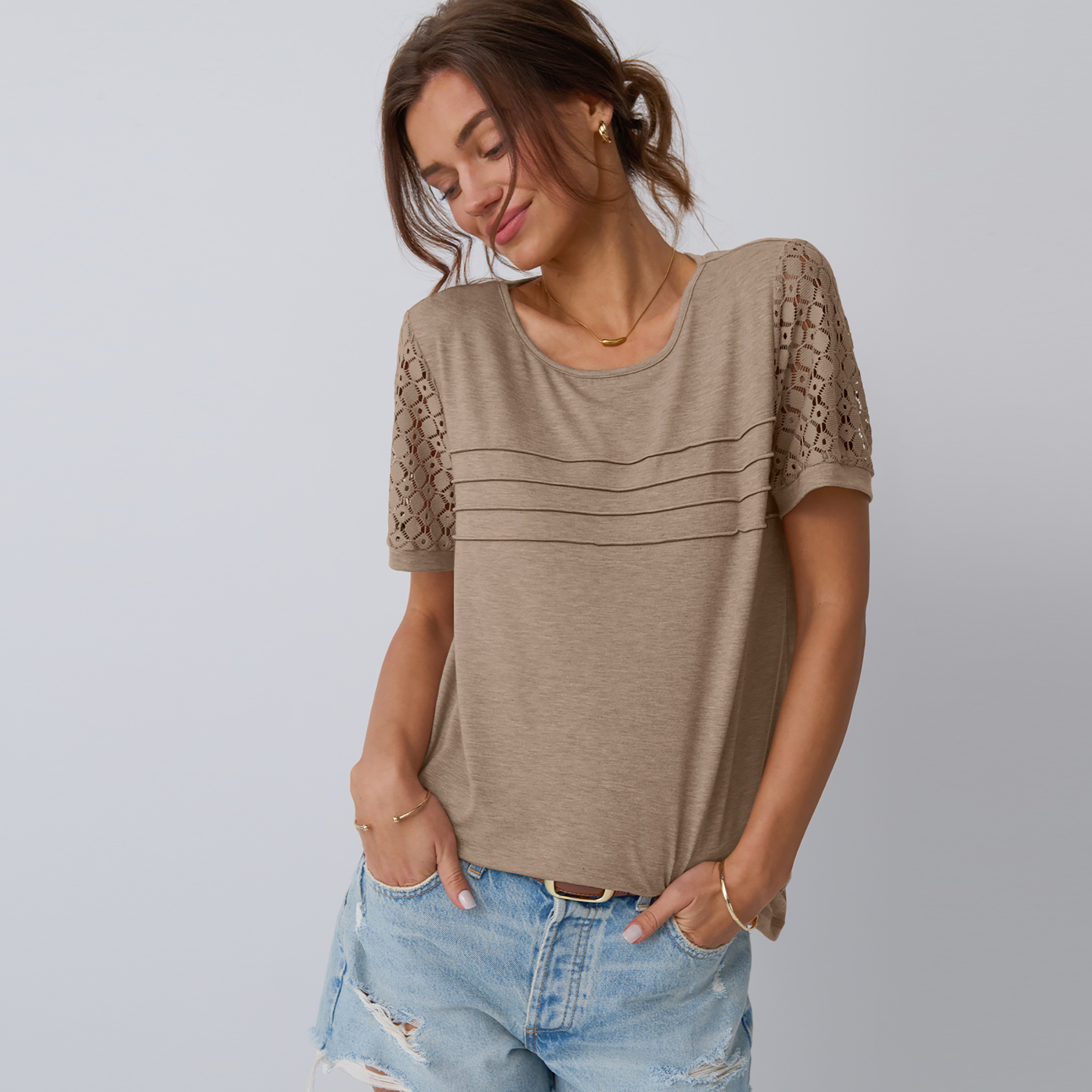 SUNBS Women's Lace Crew Neck Short Sleeve Top, Beige photo 6