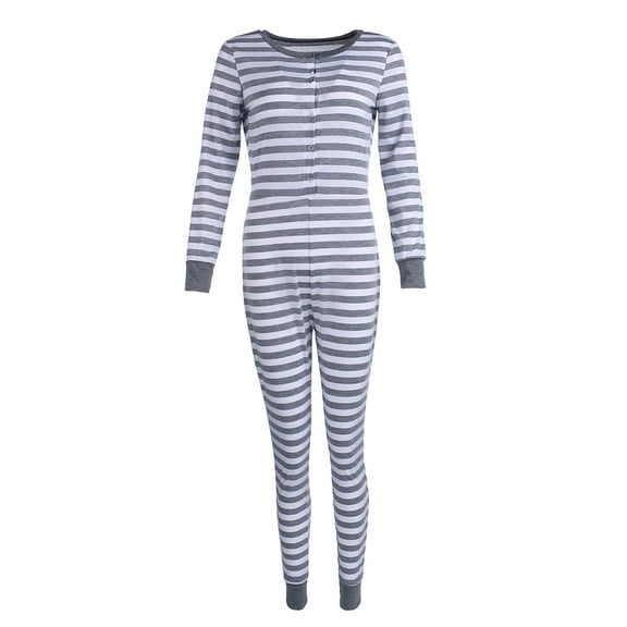 HYwys Women Sleepwear Romper Jumpsuit Stripe V Neck Long Sleeve One Piece Bodysuit Lounge Pajamas Gray S