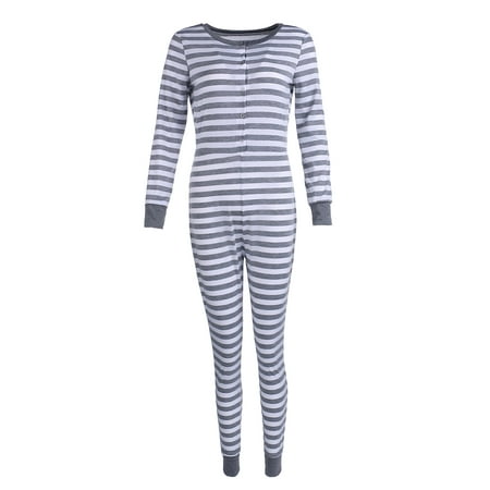 HYwys Women Sleepwear Romper Jumpsuit Stripe V Neck Long Sleeve One Piece Bodysuit Lounge Pajamas Gray M