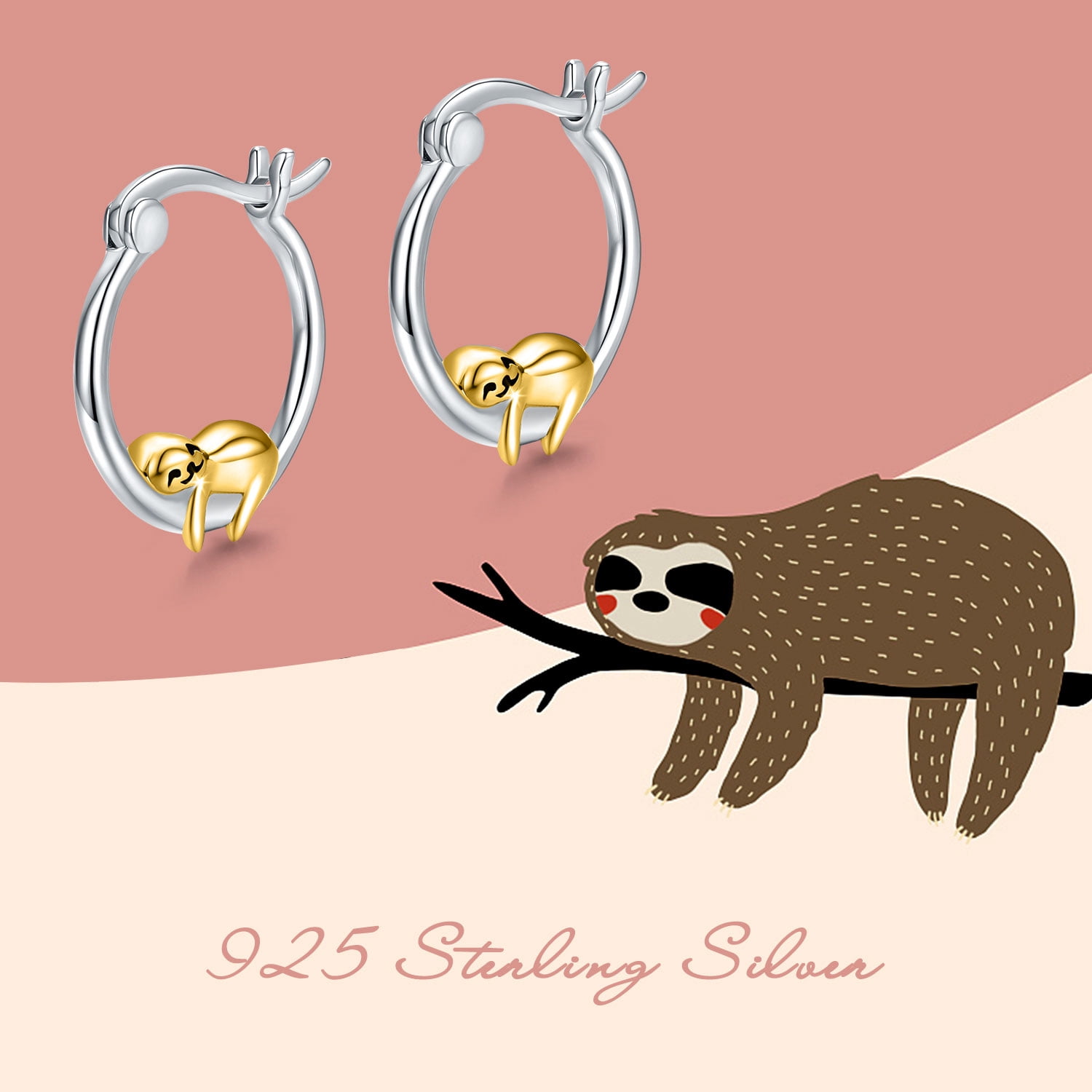 Coachuhhar Sloth Hoop Earrings, Sterling Silver, (Includes Gift Box and Silver Clean Cloth), 0.63 in