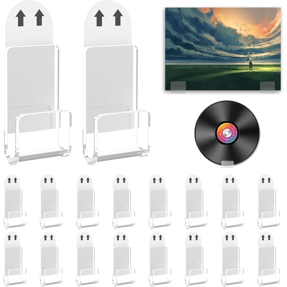Yazoeia 18PCS Vinyl Records Wall Mount, 1.57inch Clear Acrylic Record Holder Self Adhesive, No Drill Vinyl Records Wall Display Adhesive Display Shelves for Album Covers Home Decoration