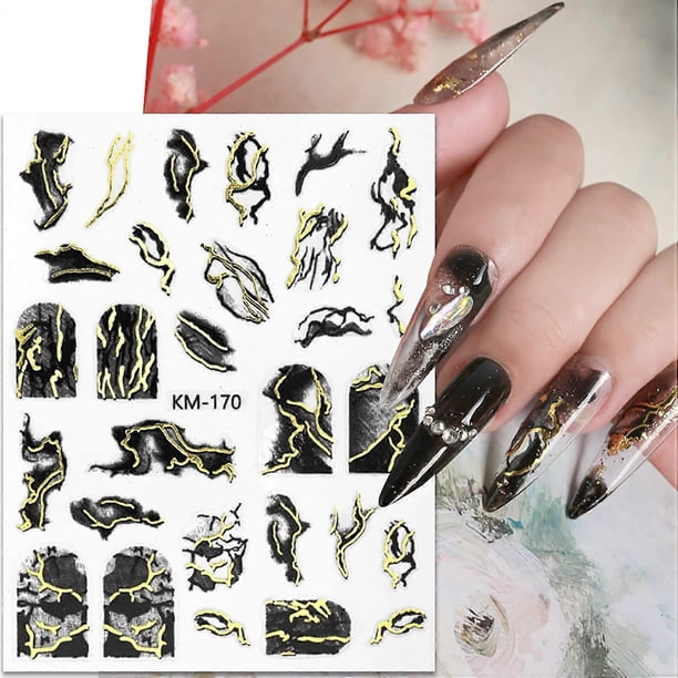 Marbling Nail Art Stickers Decals, Gold Black Stripe Line Nail Self-Adhesive Sticker Designs, 3D French Marble Wave Line Nail Transfer Decal Acrylic S