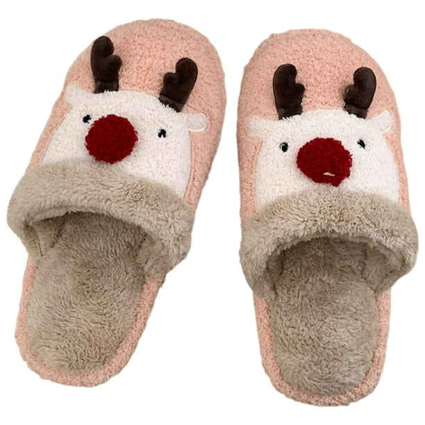 Zapatillas navideñas de piel esponjosa zapatos borrosos para interiores de alce plano lindos para invierno en interiores