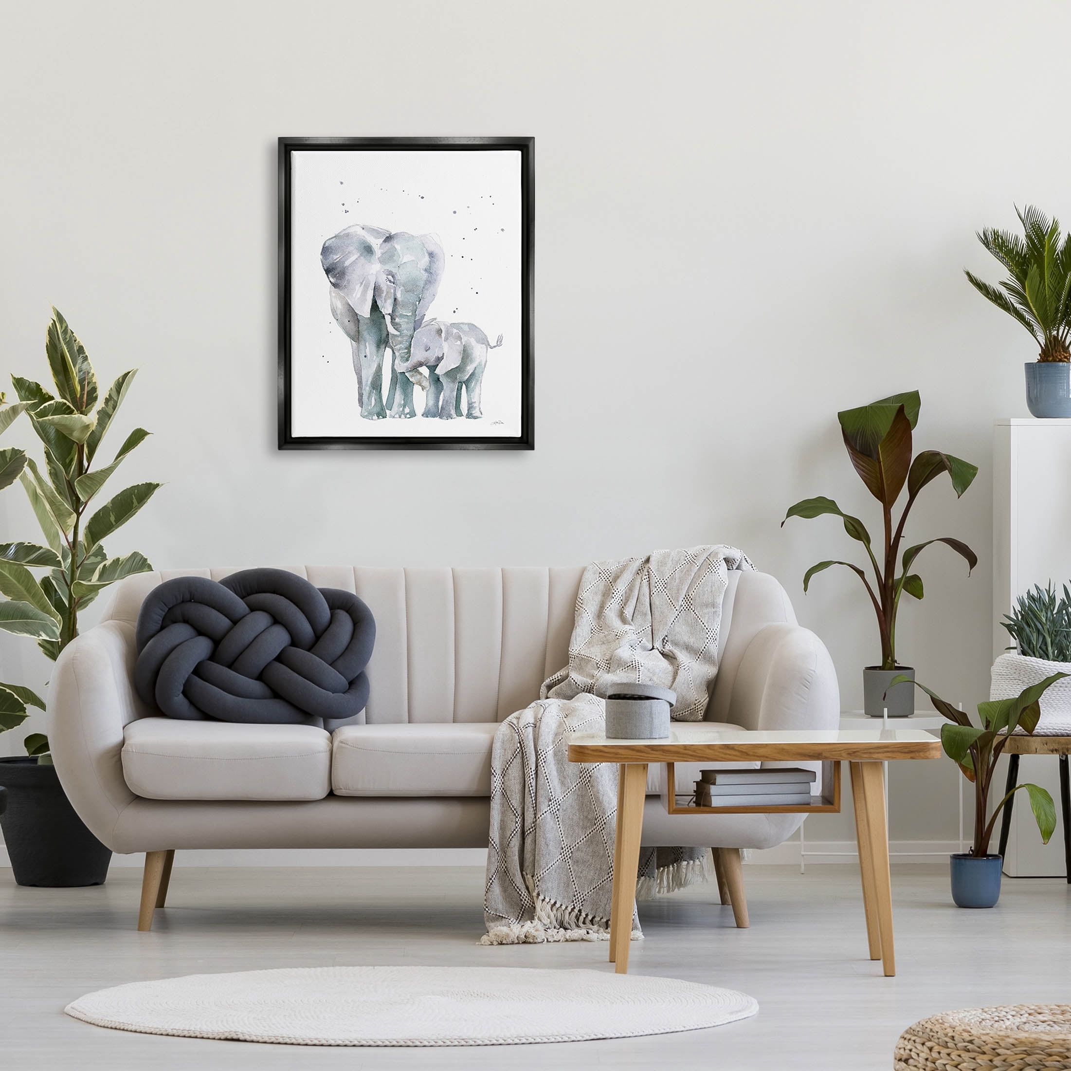 Stupell Industries Loving Elephant Family Hugs Watercolor Graphic Art Jet Black Floating Framed Canvas Print Wall Art, Design by Katrina Pete