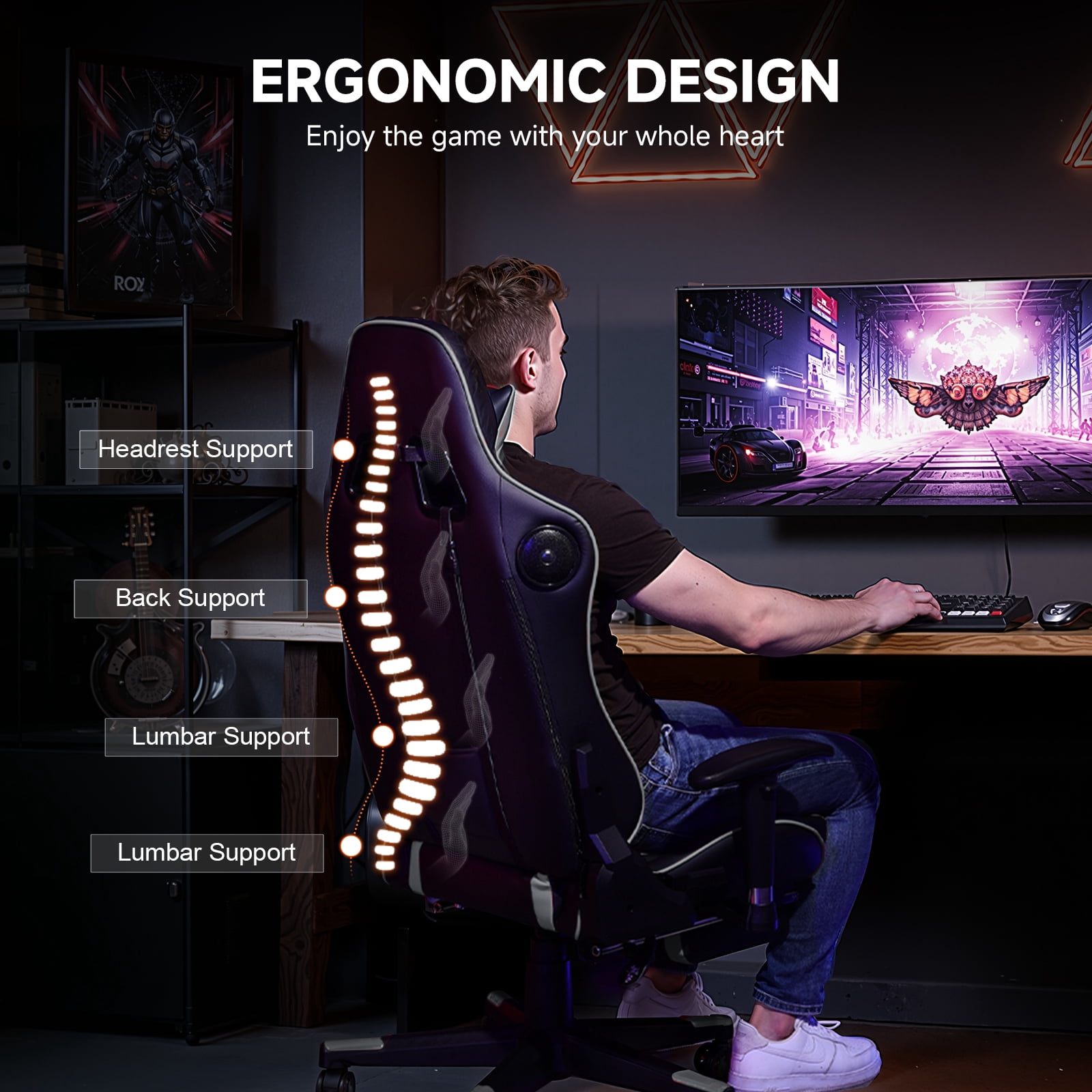 GTPLAYER Gaming Chair with Bluetooth Speakers Music Office Chair with Footrest PU Leather Recliner, Gray