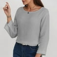 thumbnail image 4 of Raeneomay 3/4 Length Sleeve Womens Tops Solid Color Linen Solid Color Round Neck Casual Commuting Shirt Top, 4 of 6