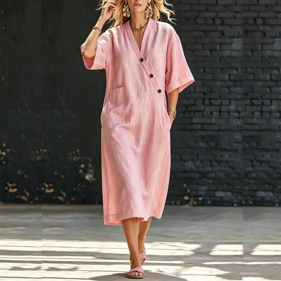 Bxsruta Women's Casual Faux Wrap Midi Dress with Short Sleeves and Side Pockets, Relaxed Fit V-Neck, Lightweight Breathable Comfortable Fabric for Everyday Wear