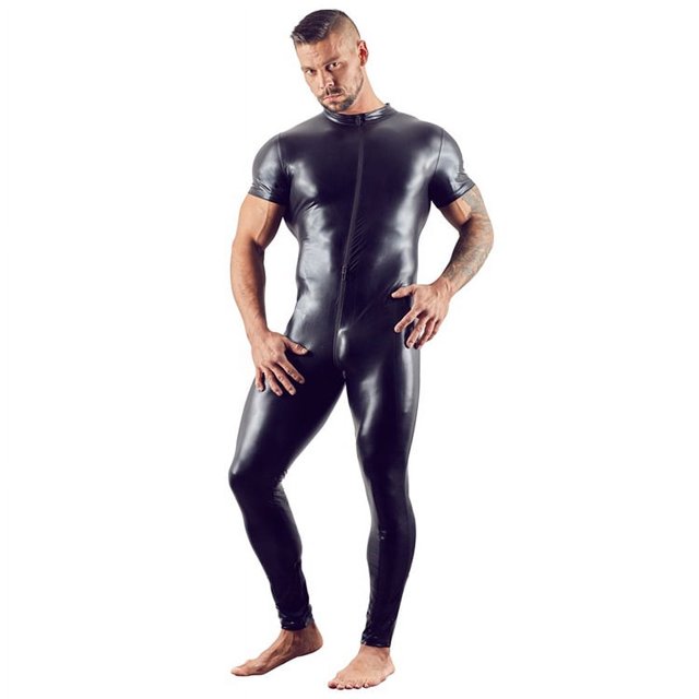 Mono ajustado de charol sexy para hombre, estilo europeo y americano, con doble cremallera en la cabeza, entrepierna abierta, para discoteca, traje de manga corta de talla grande