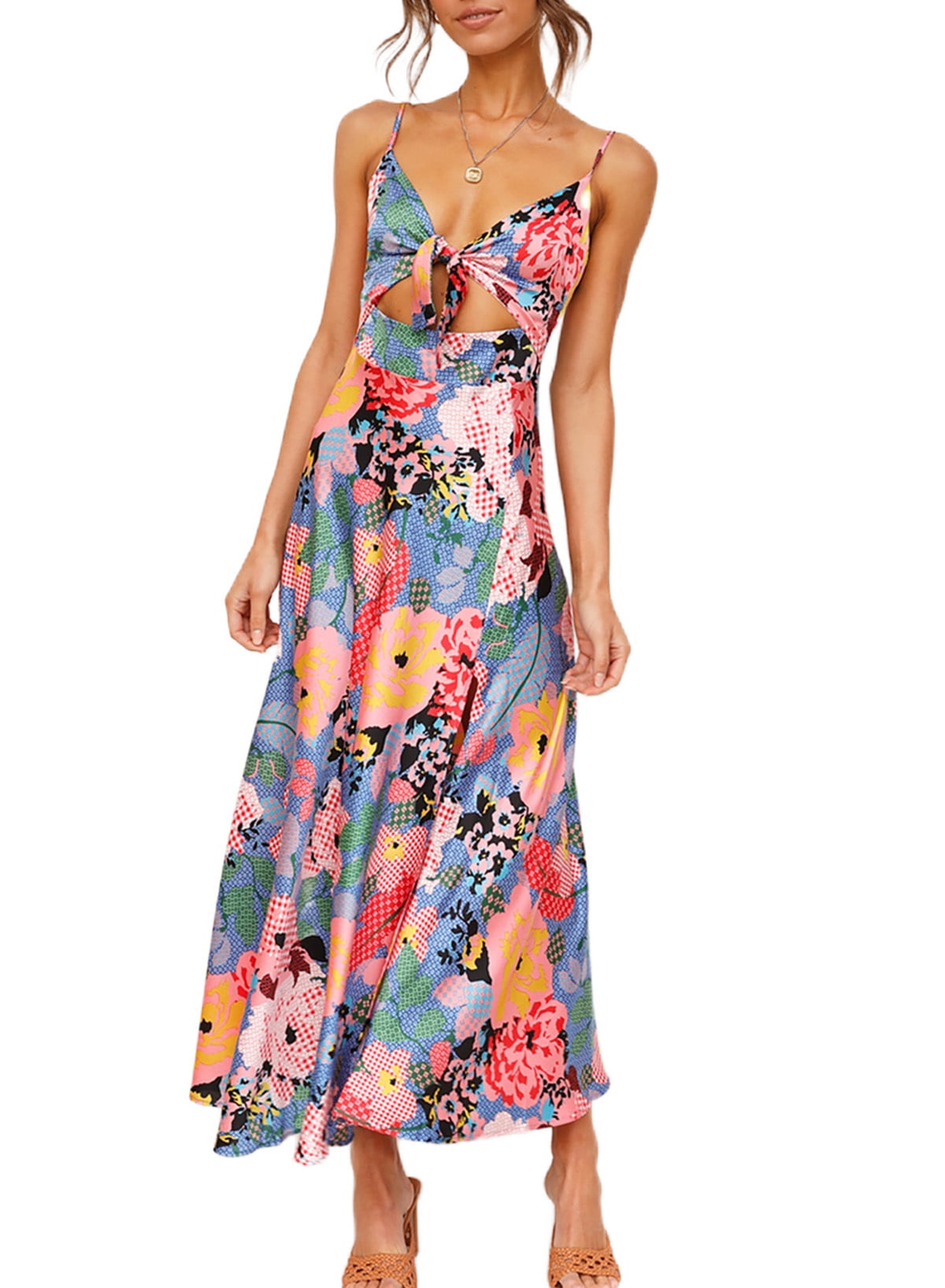 EVALESS Summer Floral Print Zipper Maxi Dress for Womens Tie Front Sexy V  Neck Sleeveless Adjustable Spaghetti Strap Side Slit Casual Slip Dress