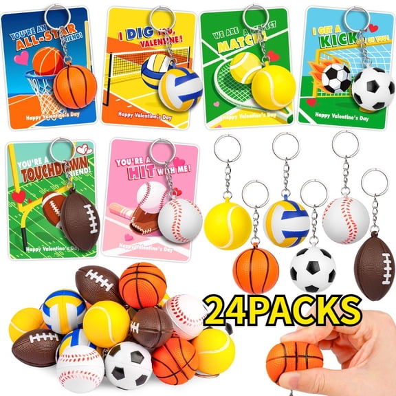 24 Packs Gift Cards with Sports Balls Squishy Toys To Squeeze, Super Sunday The Big Game Party Packs Stress Relief Fidget Toy for Classroom Exchange Prizes, Valentine Party Favor