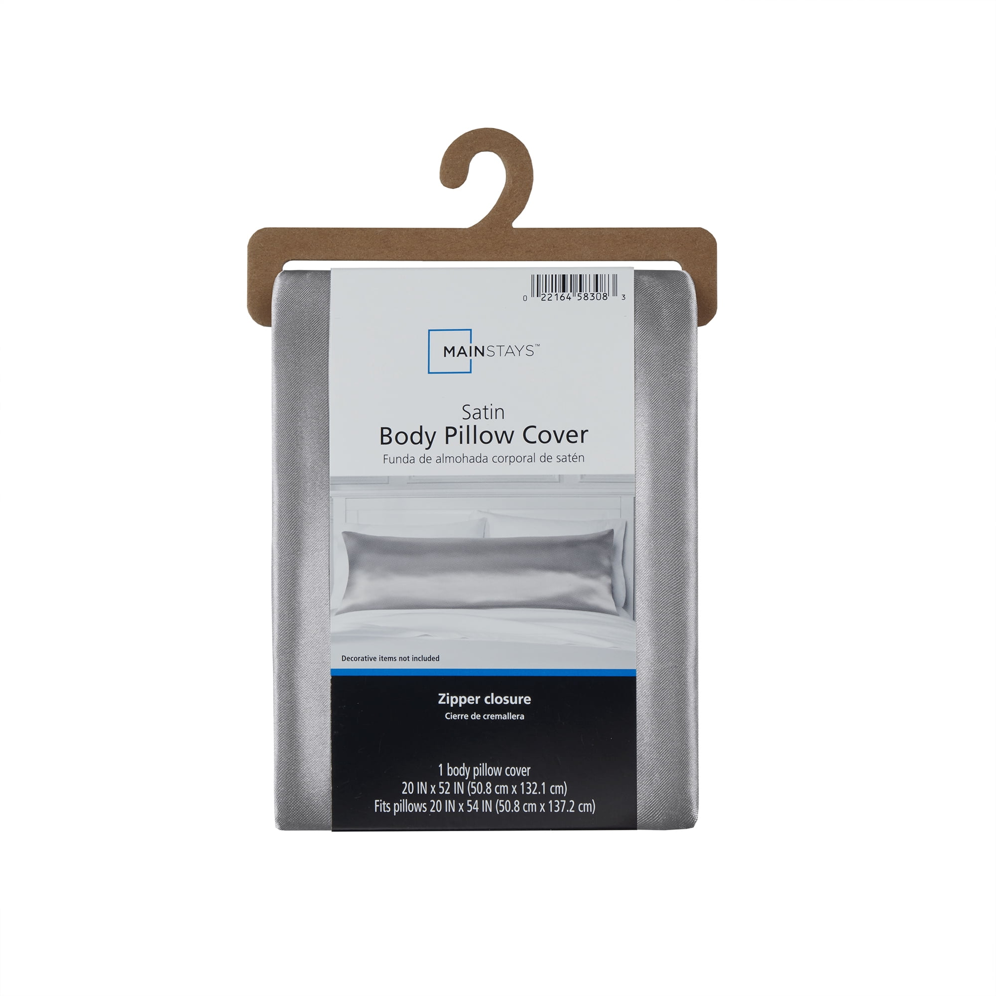 Mainstays Satin Body Pillowcase - Silver Grey - Frizz Control & Cooling Comfort - 1 Pack