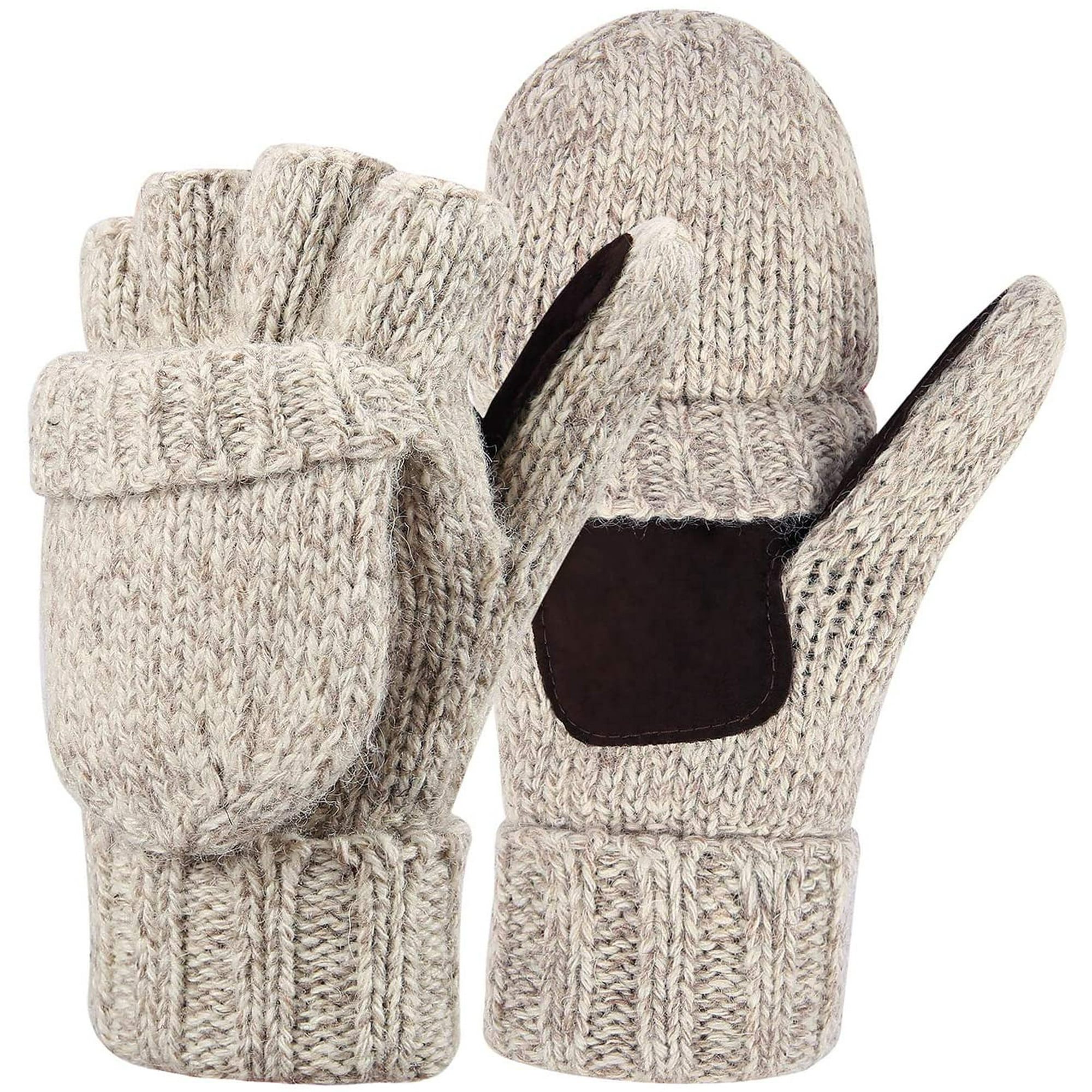 Womens Winter Wool Fingerless Mittens Warm Convertible Gloves