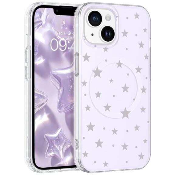 DUEDUE Magnetic iPhone 13/iPhone 14 case, Cute Silver Stars and Polka Dots Fashion Aesthetic Protective Cover, for girls and women, Light Purple