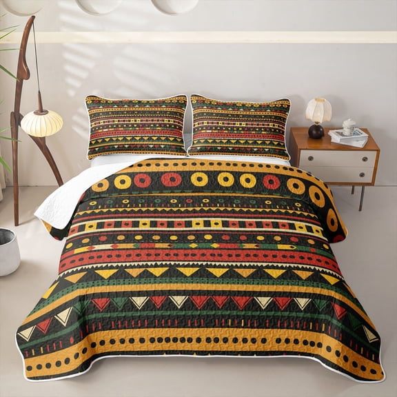 jejeloiu Bohemian Aztec Twin Quilt Set For Men Women,Colorful Tribal Twin Coverlet Set,Multicolor Black,2-Piece