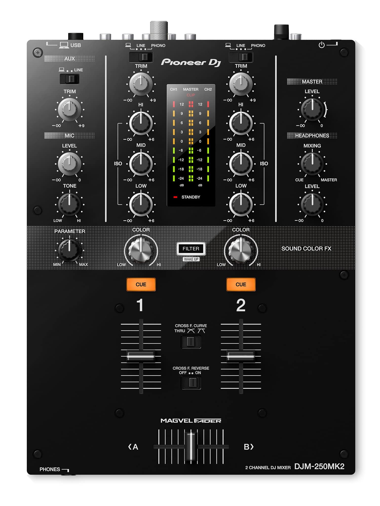Pioneer DJM-250MK2 2-Channel DJ Mixer with Independent Channel Filter - Bundle with TRS Cable, 2 XLR Cables, and Austin Bazaar Polishing Cloth