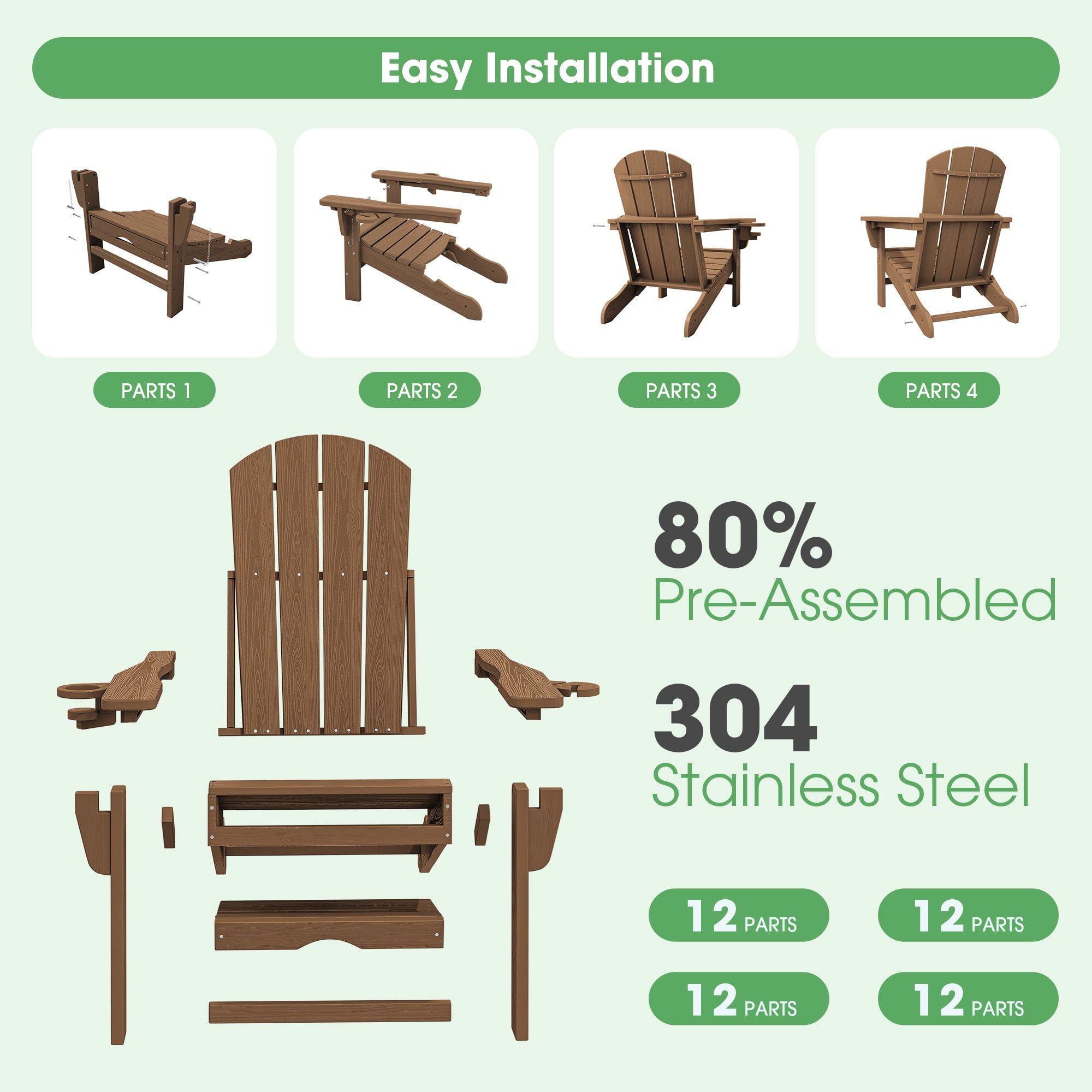 SERWALL Adjustable Folding Adirondack Chair with Footrest & Dual Cup Holders, HDPE Foldable Multifunctional Adirondack Chair with Ottoman for Patio, Outdoor, Garden, Brown