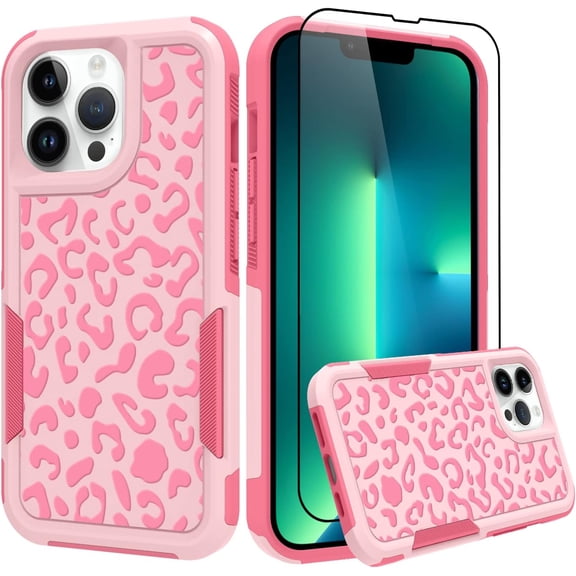 for iPhone 13 Pro Max Case Leopard Print Cute Pattern Armor   Screen Protector Slim Fashion Camera Protective Full Body Protection Corner Protection Heavy-Duty Tough Rugged Cover -Pink