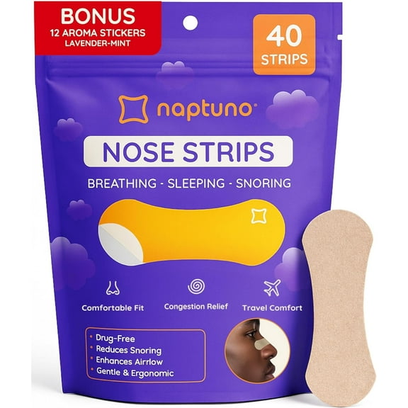 Naptuno Nasal Strips, Anti Snoring -Pack of 40, Nose Strips for Improve sleep-Extra Strength for Enhanced Breathing, Restful Sleep and Comfort.