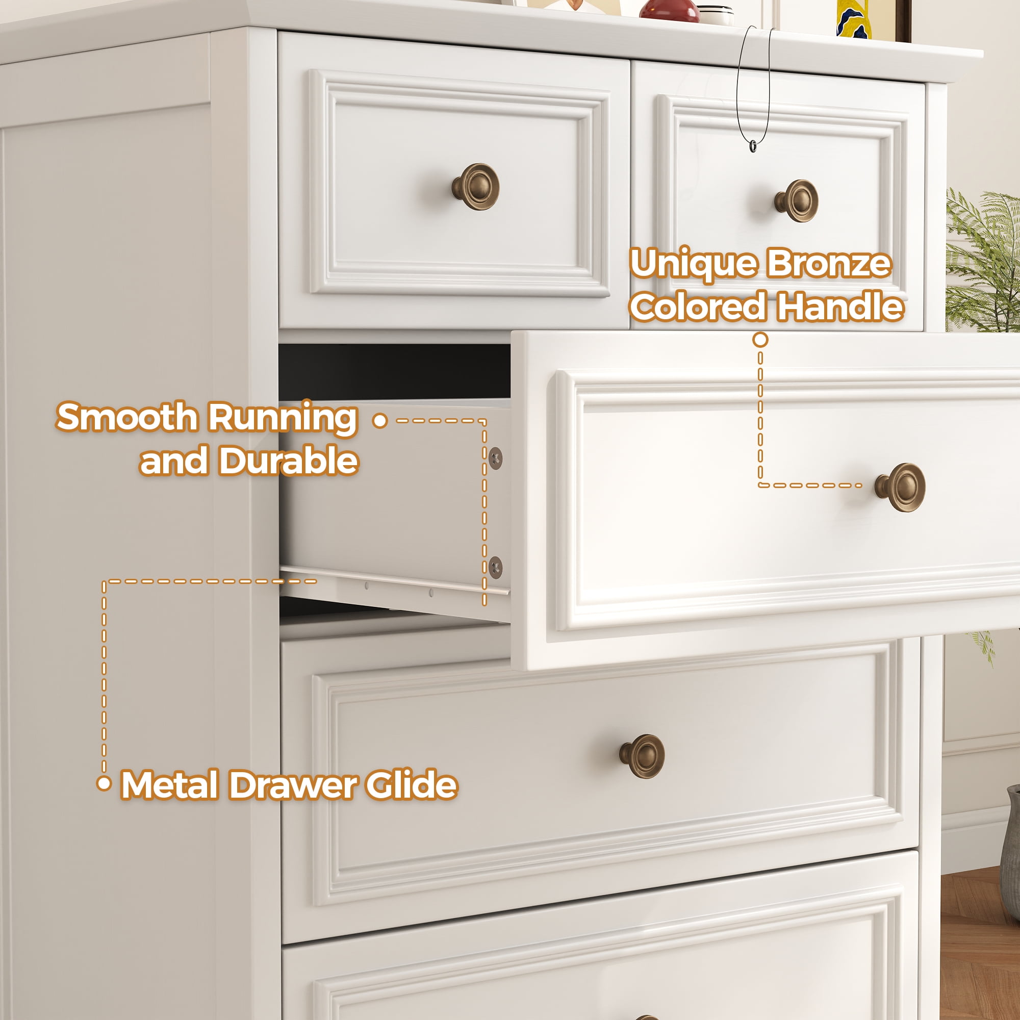 NEGYLIM White 5 Drawer Dresser for Bedroom, Rustic Chest of Drawers, Wood Storage Cabinet Organizer with Antique Bronze Round Handles for Living Room,Entryway, Small Spaces