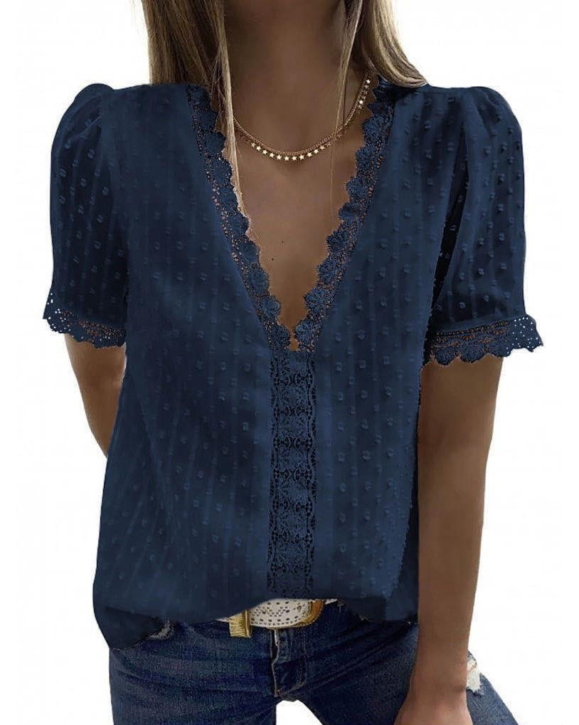New Womens Fashion Casual V Neck Flower Printing Hollow Out Lace Short Sleeves Loose T-Shirt Blouse Tops
