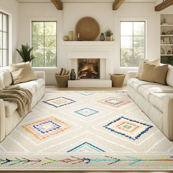 9'x12' Area Rugs for Living Room, Machine Washable Non-Slip Carpet, Soft Faux Wool Low Pile Moroccan Farmhouse Western Rug, Beige