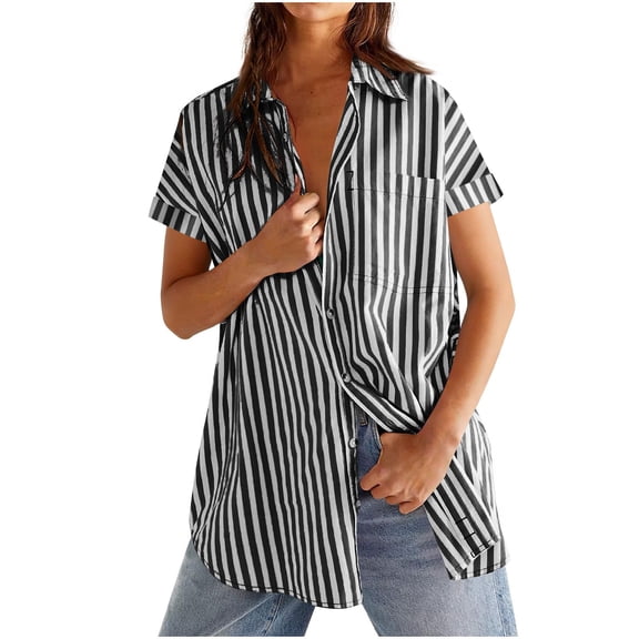 Turilly Striped Button Down Shirts for Women Short Sleeve Casual Loose Fit Collared Office Work Shirt with Pocket